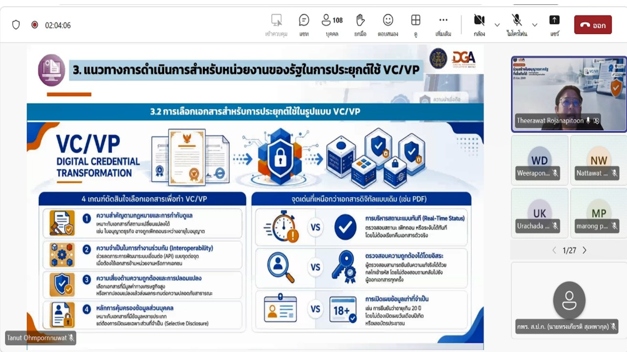title - เข้าร่วมประชุมรับฟัง และให้ข้อคิดเห็นต่อ (ร่าง) มาตรฐานสำนักงานพัฒนารัฐบาลดิจิทัล องค์การมหาชน (มสพร.) สำหรับแนวปฏิบัติการใช้เทคโนโลยีเอกสารรับรองและเอกสารสำแดงดิจิทัล และการประยุกต์ใช้สำหรับใบอนุญาตภาครัฐ ผ่านสื่ออิเล็กทรอนิกส์ (ประชุมผ่านระบบออนไลน์ Microsoft Teams) สำนักงานพัฒนารัฐบาลดิจิทัล (สพร.) 